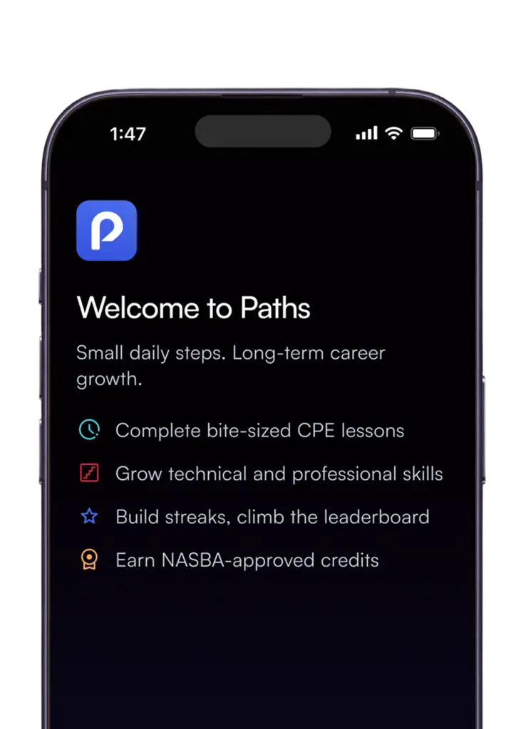 PATHS accounting CPE app home screen with personalized daily learning and professional development.